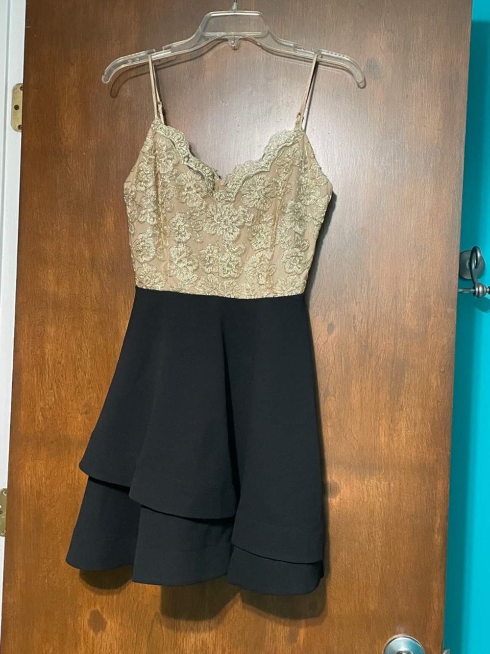 B Darlin Gold Lace Bodice Black Tiered Mini Dress for Party or Homecoming